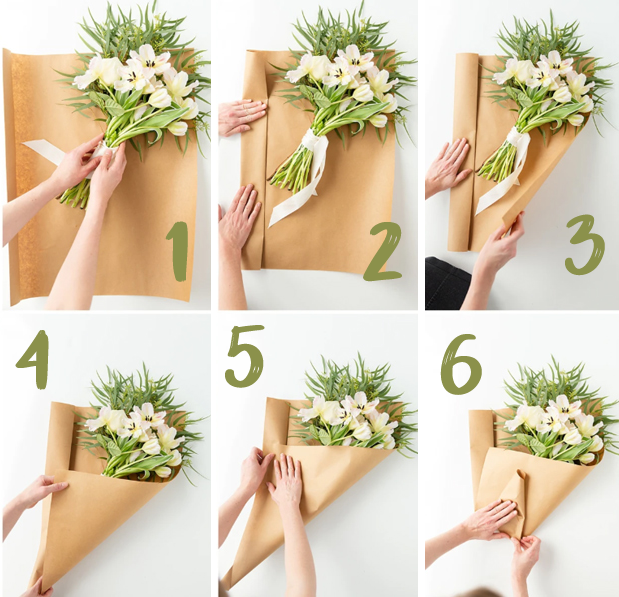 Как упаковать цветы в бумагу фото пошагово углами